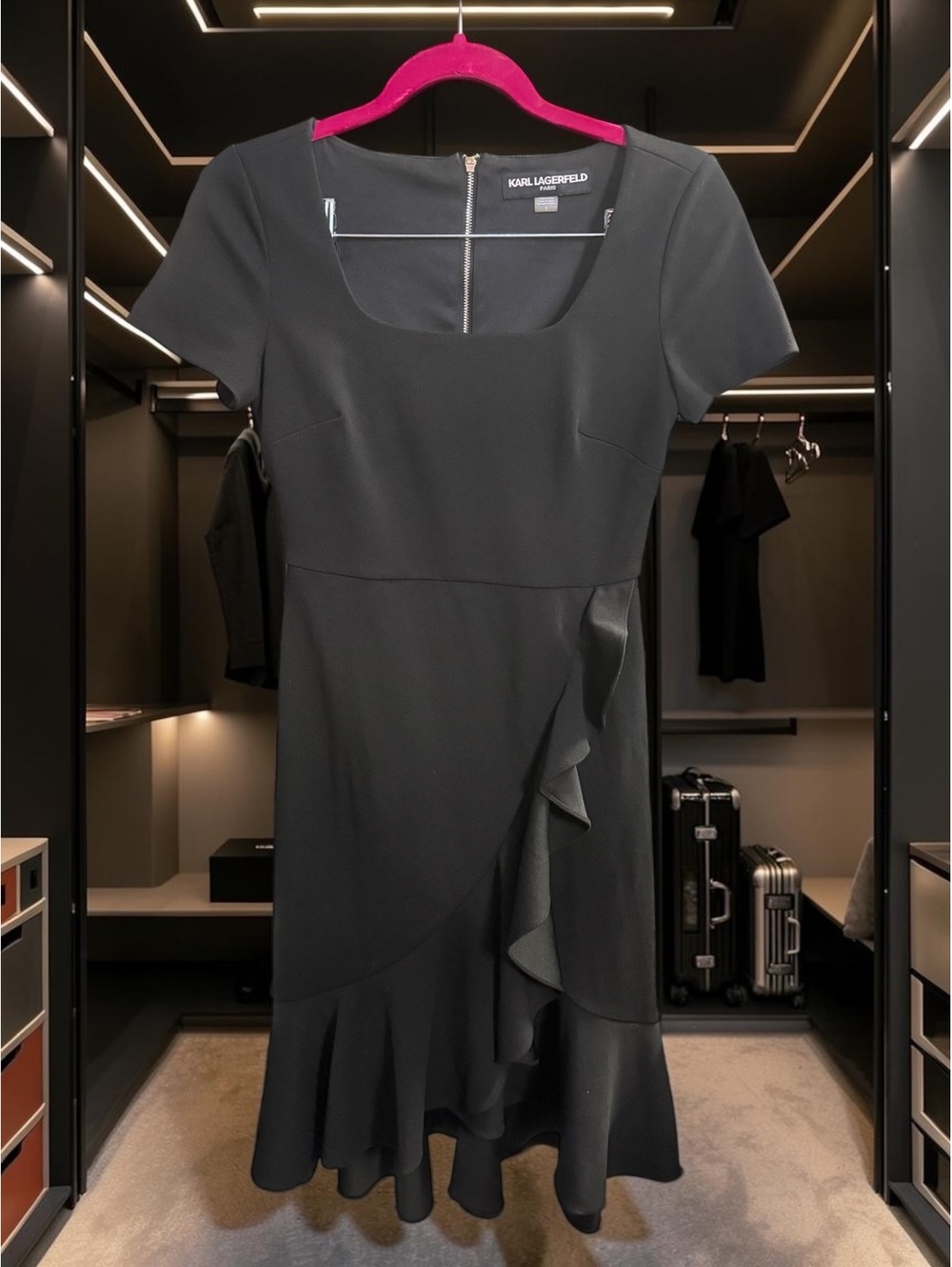 Karl Lagerfeld Paris Black Ruffle Dress Size 0 Square Neck Fit Flare Cocktail